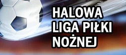 Lecąca piłka oraz napis Halowa Liga Piłki Nożnej